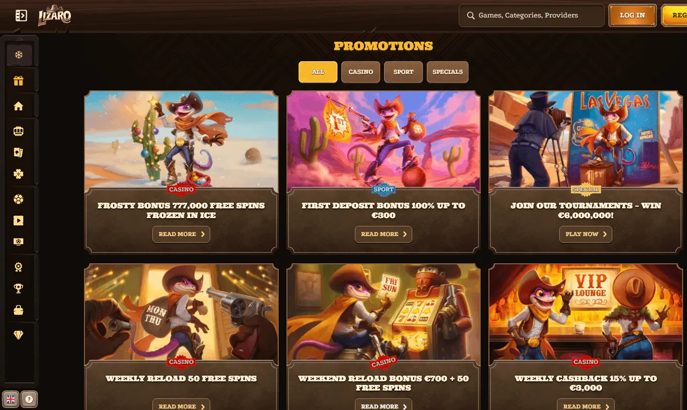 Lizaro Casino promotions interface on desktop