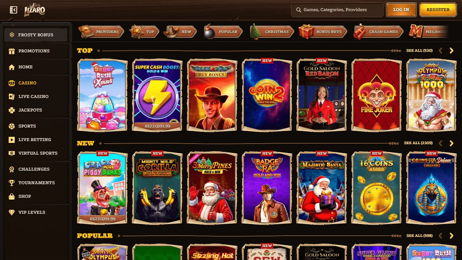 Lizaro Casino games interface on desktop