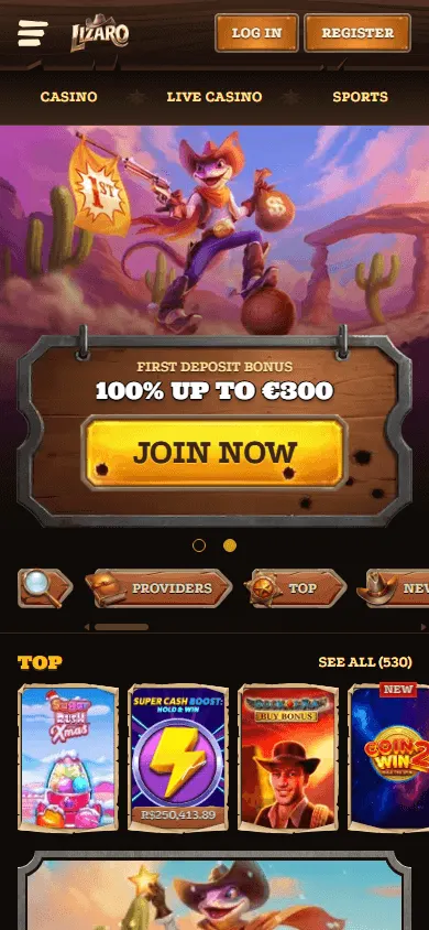 Lizaro Casino home interface on a mobile device