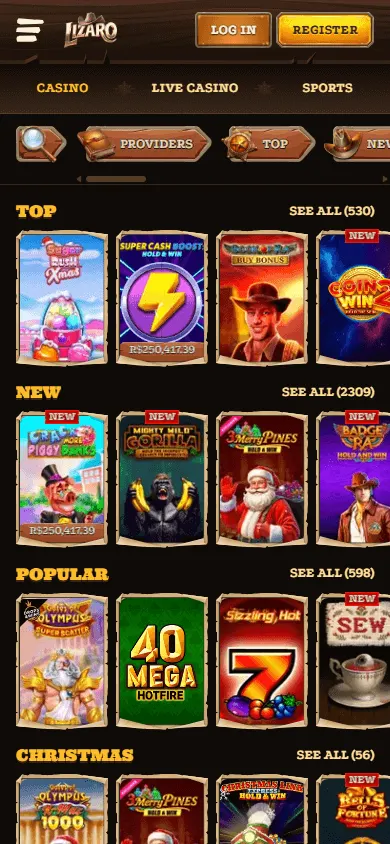 Lizaro Casino games interface on a mobile device