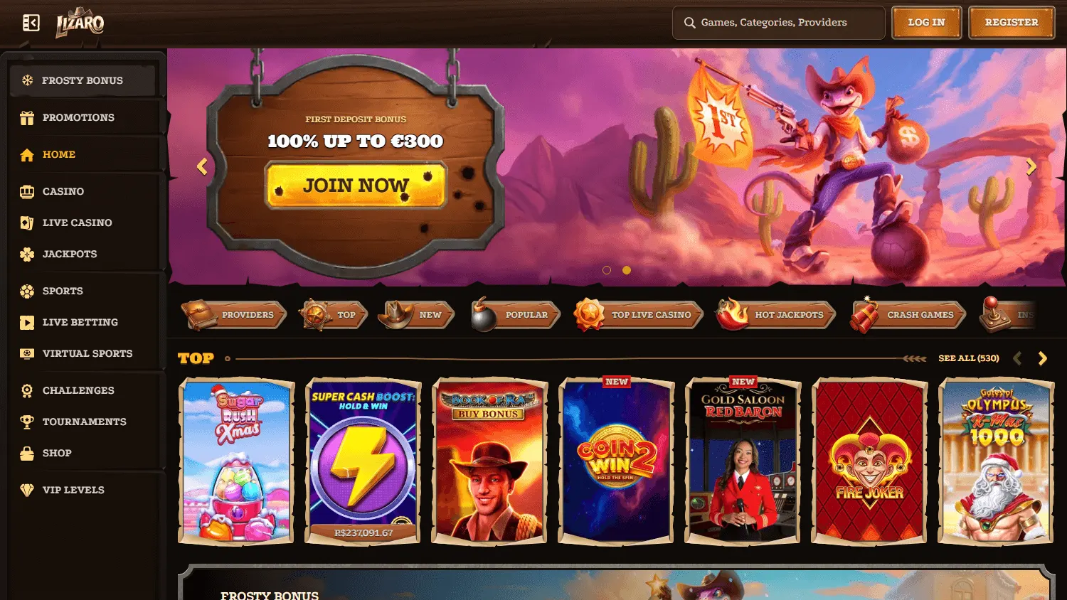 Lizaro Casino home interface on desktop