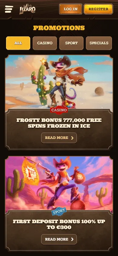 Lizaro Casino promotions interface on a mobile device